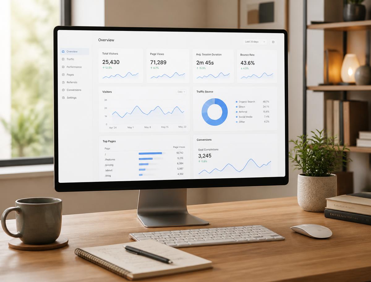 Desktop monitor showing website performance and analytics during ongoing website management
